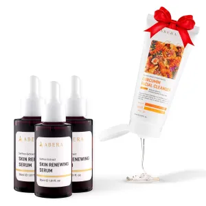 ABERA Skin Renewing Serum For Melasma Treatment, High-Potency Saffron Extract   Gift Curcumin Face Cleanser with Turmeric, Face Wash to Reduce Sebum (3 Boxes   Gift)