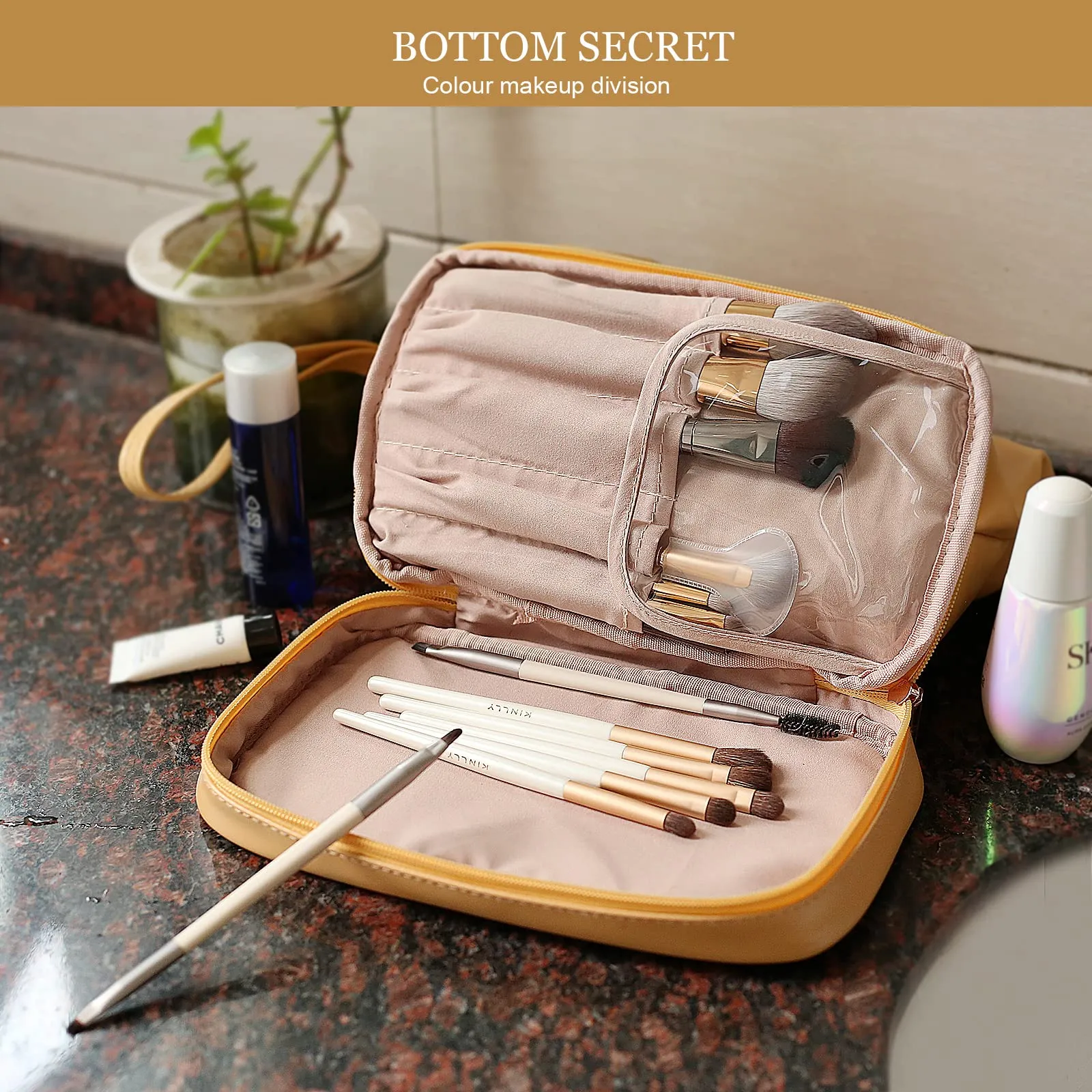 Abiudeng Large Makeup Bag,Double Layer Cosmetic Bag,Travel Makeup Bag,Leather Makeup Bag, Cosmetic Travel Bags,Portable Leather Toiletry Bag,Roomy Cosmetic Bag for Women and Girls
