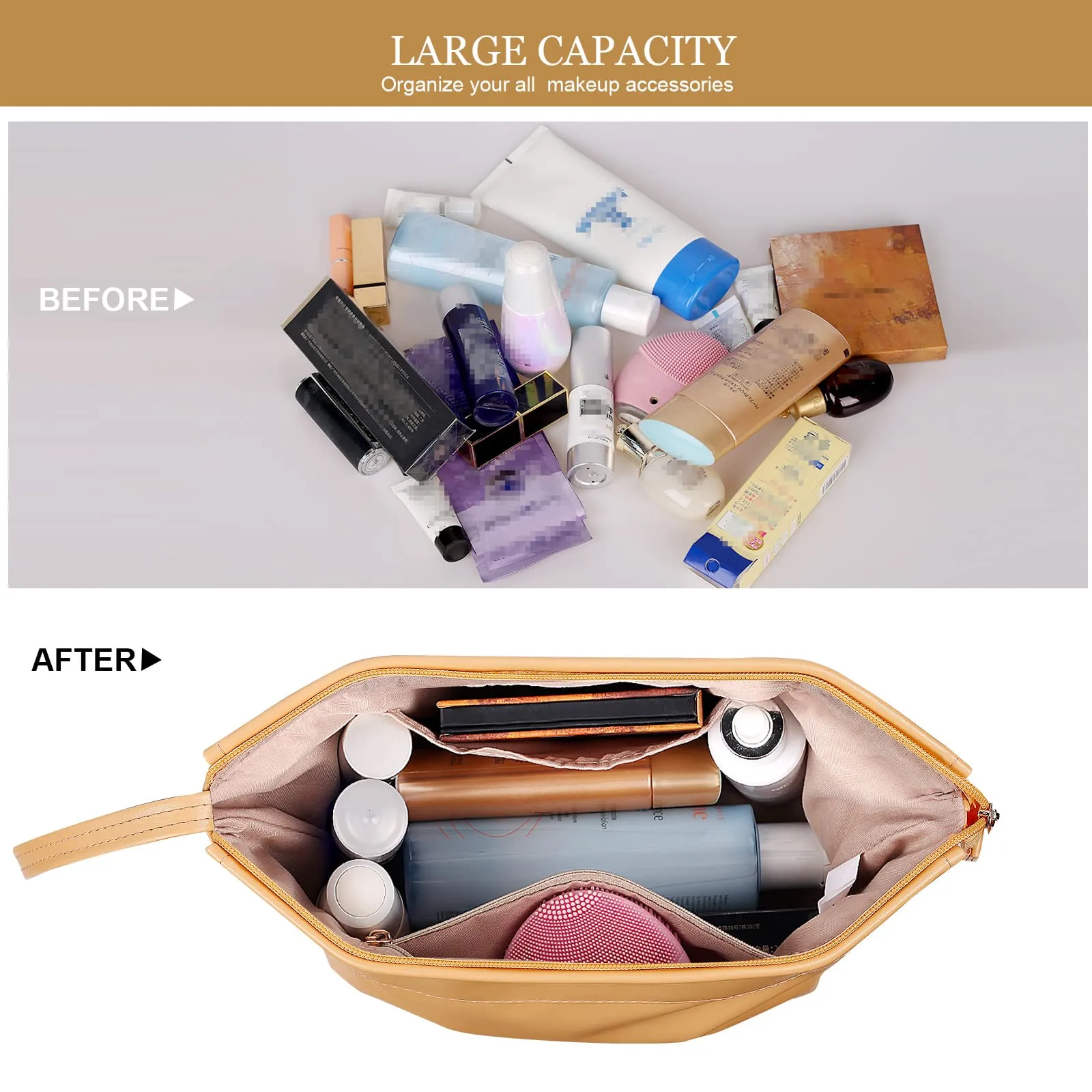 Abiudeng Large Makeup Bag,Double Layer Cosmetic Bag,Travel Makeup Bag,Leather Makeup Bag, Cosmetic Travel Bags,Portable Leather Toiletry Bag,Roomy Cosmetic Bag for Women and Girls