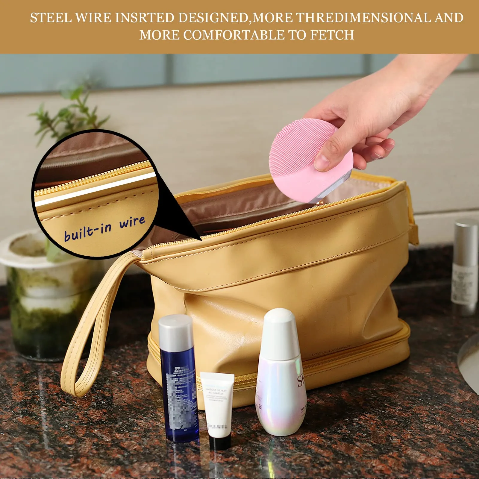 Abiudeng Large Makeup Bag,Double Layer Cosmetic Bag,Travel Makeup Bag,Leather Makeup Bag, Cosmetic Travel Bags,Portable Leather Toiletry Bag,Roomy Cosmetic Bag for Women and Girls