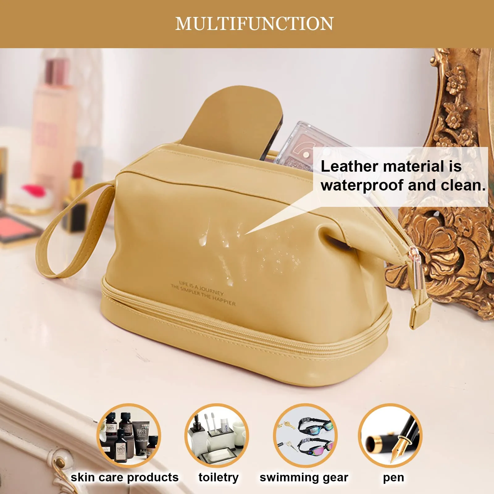 Abiudeng Large Makeup Bag,Double Layer Cosmetic Bag,Travel Makeup Bag,Leather Makeup Bag, Cosmetic Travel Bags,Portable Leather Toiletry Bag,Roomy Cosmetic Bag for Women and Girls