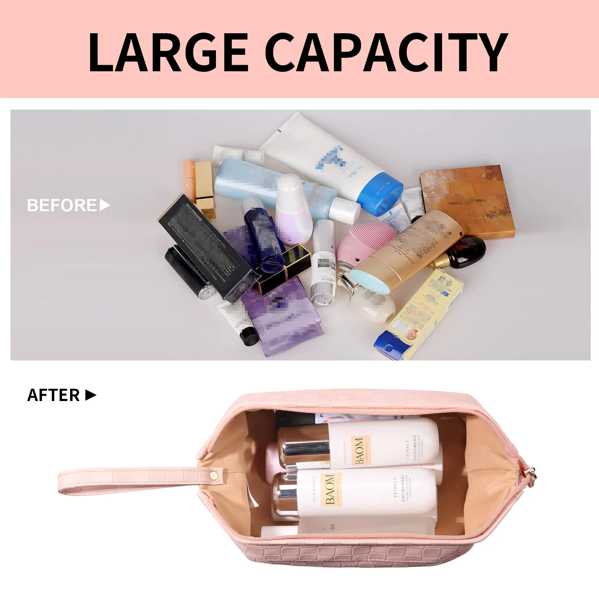 Abiudeng Large Pink Makeup Bag,Waterproof Cosmetic Bag,Make up Travel Bag Essentials,Cute Travel Toiletry Bag for Women Makeup Bag Organizer with Bottom Pouch,Travel Size Toiletries Bag for Women