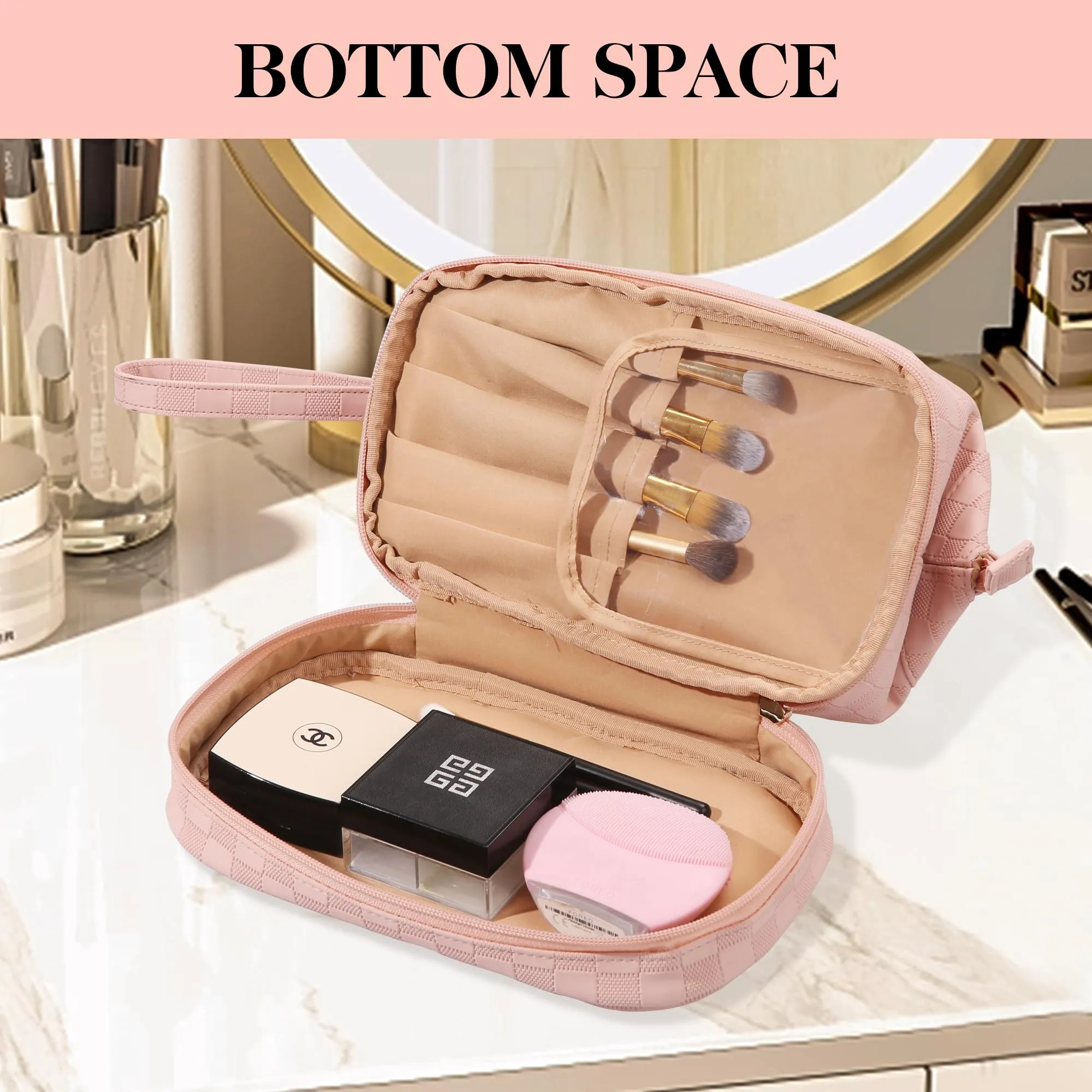 Abiudeng Large Pink Makeup Bag,Waterproof Cosmetic Bag,Make up Travel Bag Essentials,Cute Travel Toiletry Bag for Women Makeup Bag Organizer with Bottom Pouch,Travel Size Toiletries Bag for Women