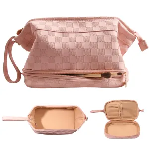 Abiudeng Large Pink Makeup Bag,Waterproof Cosmetic Bag,Make up Travel Bag Essentials,Cute Travel Toiletry Bag for Women Makeup Bag Organizer with Bottom Pouch,Travel Size Toiletries Bag for Women
