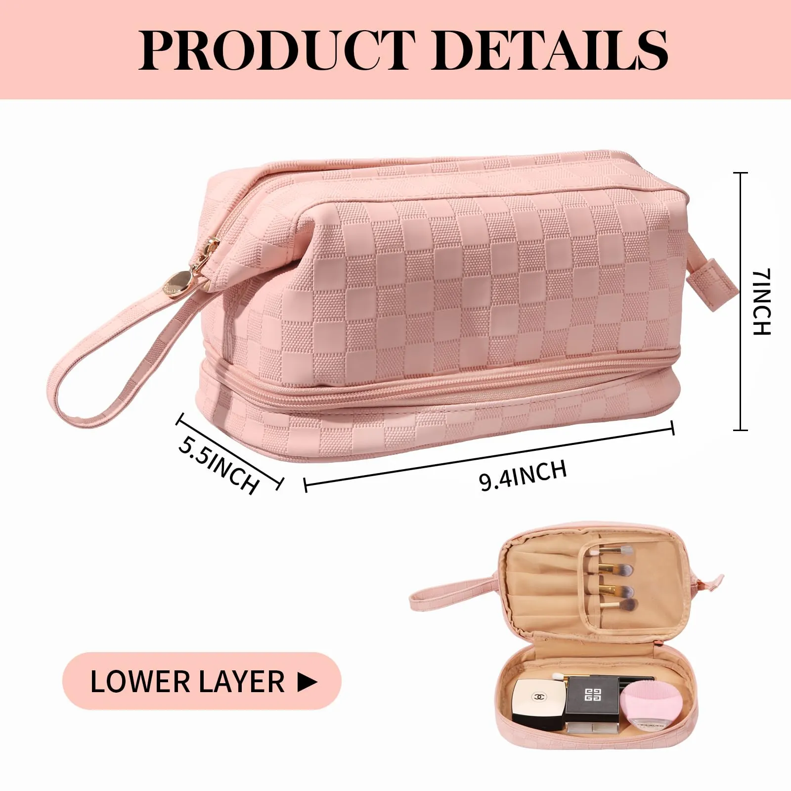 Abiudeng Large Pink Makeup Bag,Waterproof Cosmetic Bag,Make up Travel Bag Essentials,Cute Travel Toiletry Bag for Women Makeup Bag Organizer with Bottom Pouch,Travel Size Toiletries Bag for Women