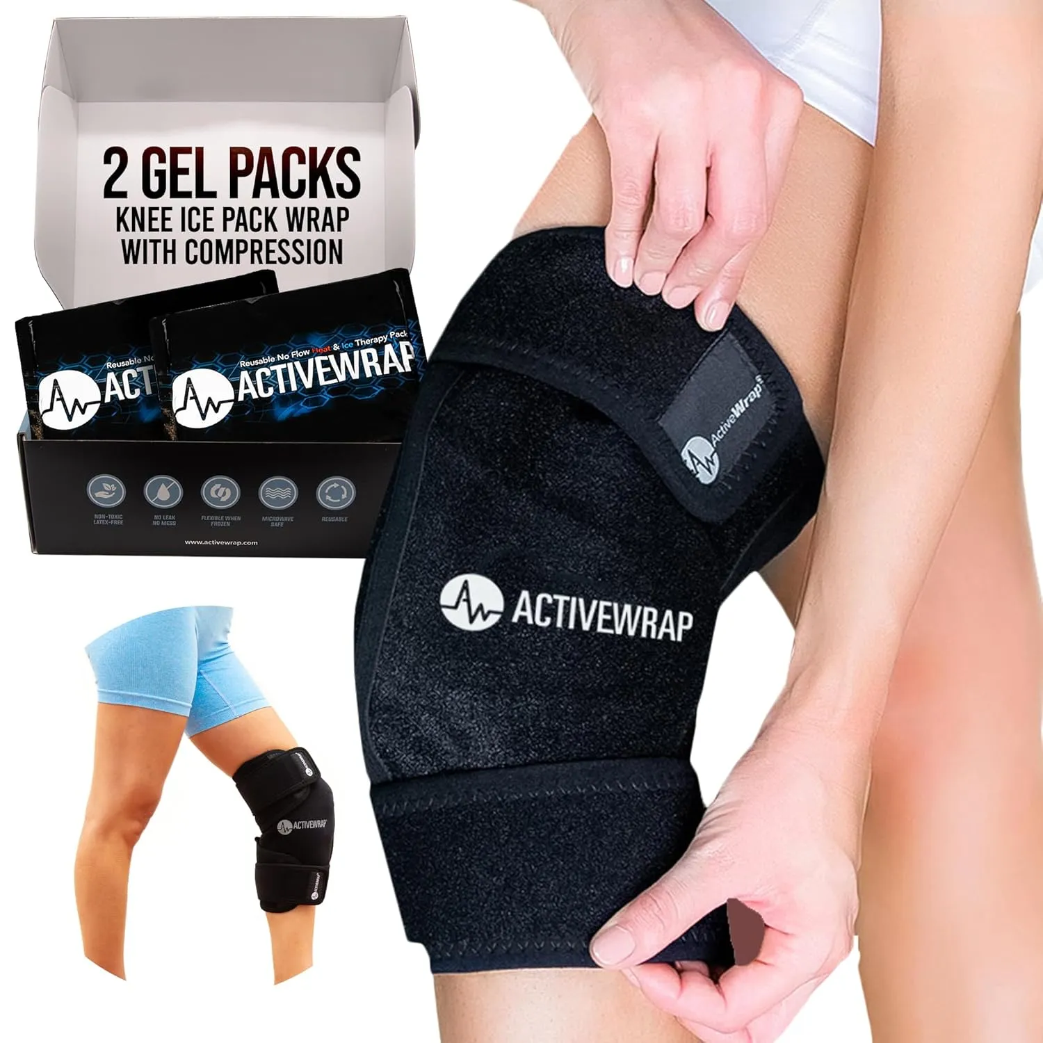 ActiveWrap - Knee Ice Pack Wrap with Compression, 2 Reusable Gel Heat & Cold Packs for Knee Pain, Calf Strain & Shin Splints. Flexible Cold Wrap for Injury and Swelling Control. Youth,Petite - Sm/Md