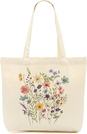 Aesthetic Floral Canvas Tote Bag for Women with Pocket, Tote Bags for Grocery Shopping Travel Christmas Birthday