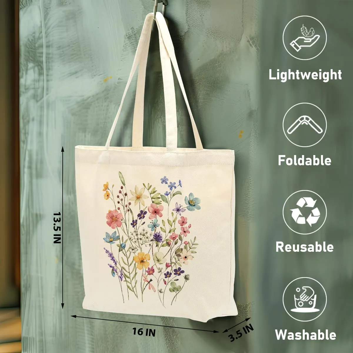 Aesthetic Floral Canvas Tote Bag for Women with Pocket, Tote Bags for Grocery Shopping Travel Christmas Birthday