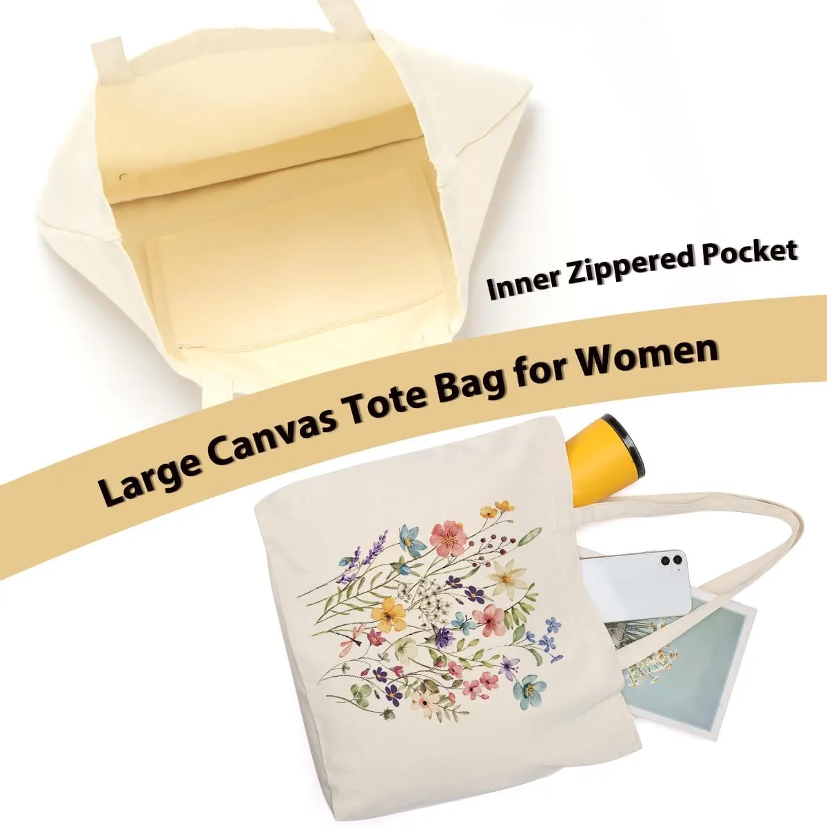 Aesthetic Floral Canvas Tote Bag for Women with Pocket, Tote Bags for Grocery Shopping Travel Christmas Birthday