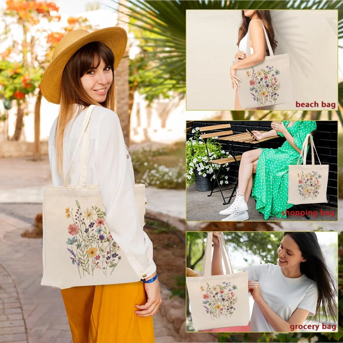 Aesthetic Floral Canvas Tote Bag for Women with Pocket, Tote Bags for Grocery Shopping Travel Christmas Birthday