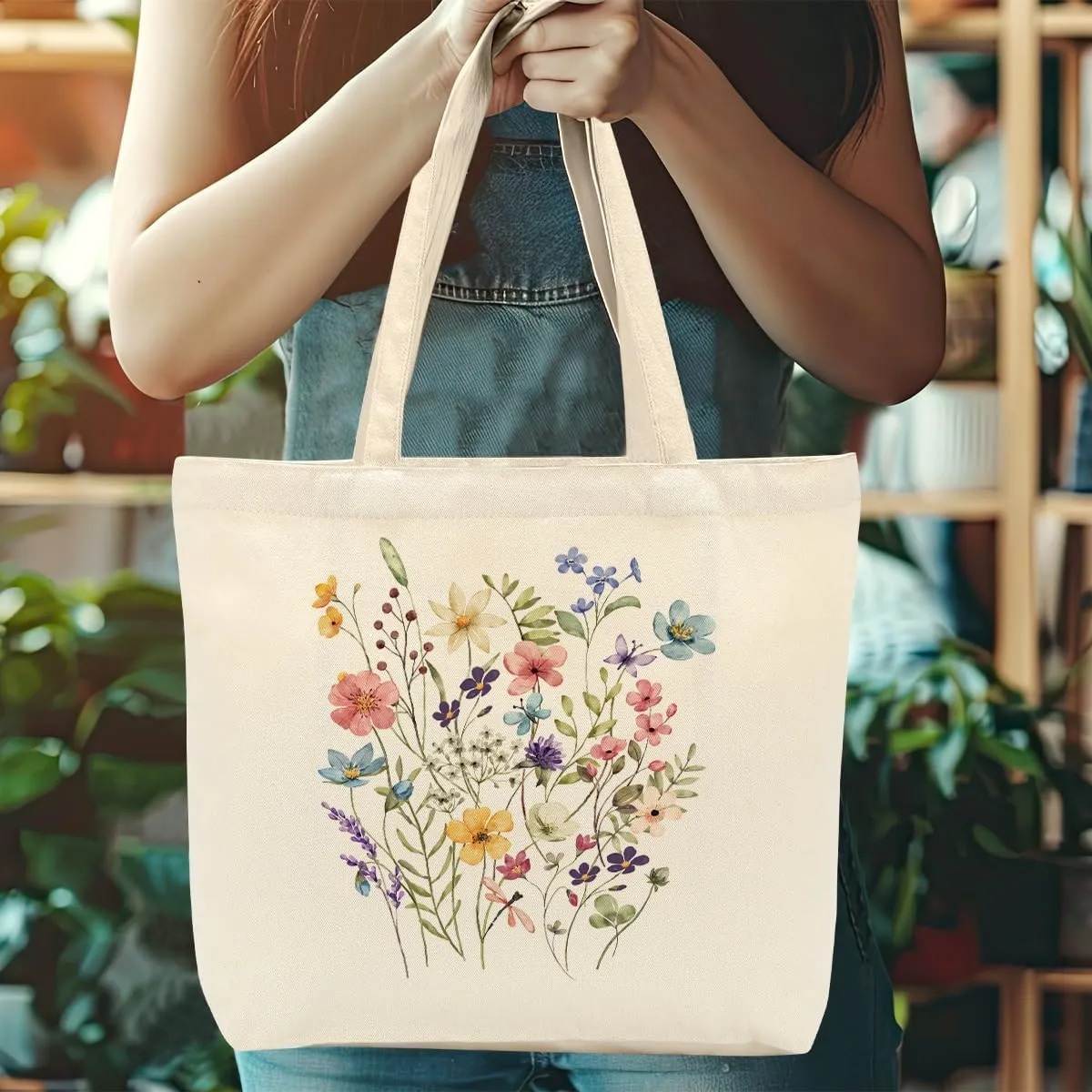 Aesthetic Floral Canvas Tote Bag for Women with Pocket, Tote Bags for Grocery Shopping Travel Christmas Birthday