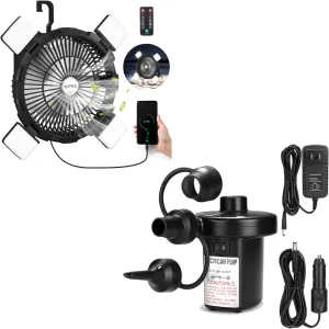 AGPTEK Air Pump with Camping Fan - 8000mAh Rechargeable Outdoor Battery Tent Fans for Camping Hanging with LED Light Lantern & Hook, Camping Essentials Accessories