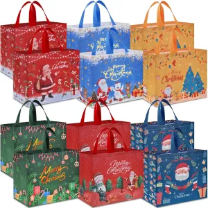 AhfuLife 12PCS Extra Large Bags, 15.7'' x 14.2'' x 5.9'', Reusable Non-woven Christmas Tote Bags with Handles for Xmas, New Year's Party Supplies Decorations