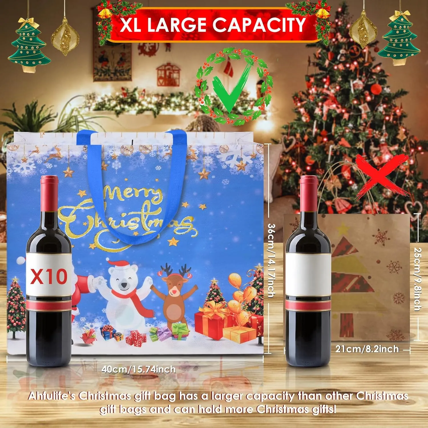 AhfuLife 12PCS Extra Large Bags, 15.7'' x 14.2'' x 5.9'', Reusable Non-woven Christmas Tote Bags with Handles for Xmas, New Year's Party Supplies Decorations