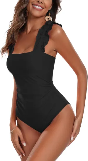 AI'MAGE Women's One Piece Swimsuits Square Neck Tummy Control Bathing Suit with Adjustable Ruffled Straps Swimwear S-XXL