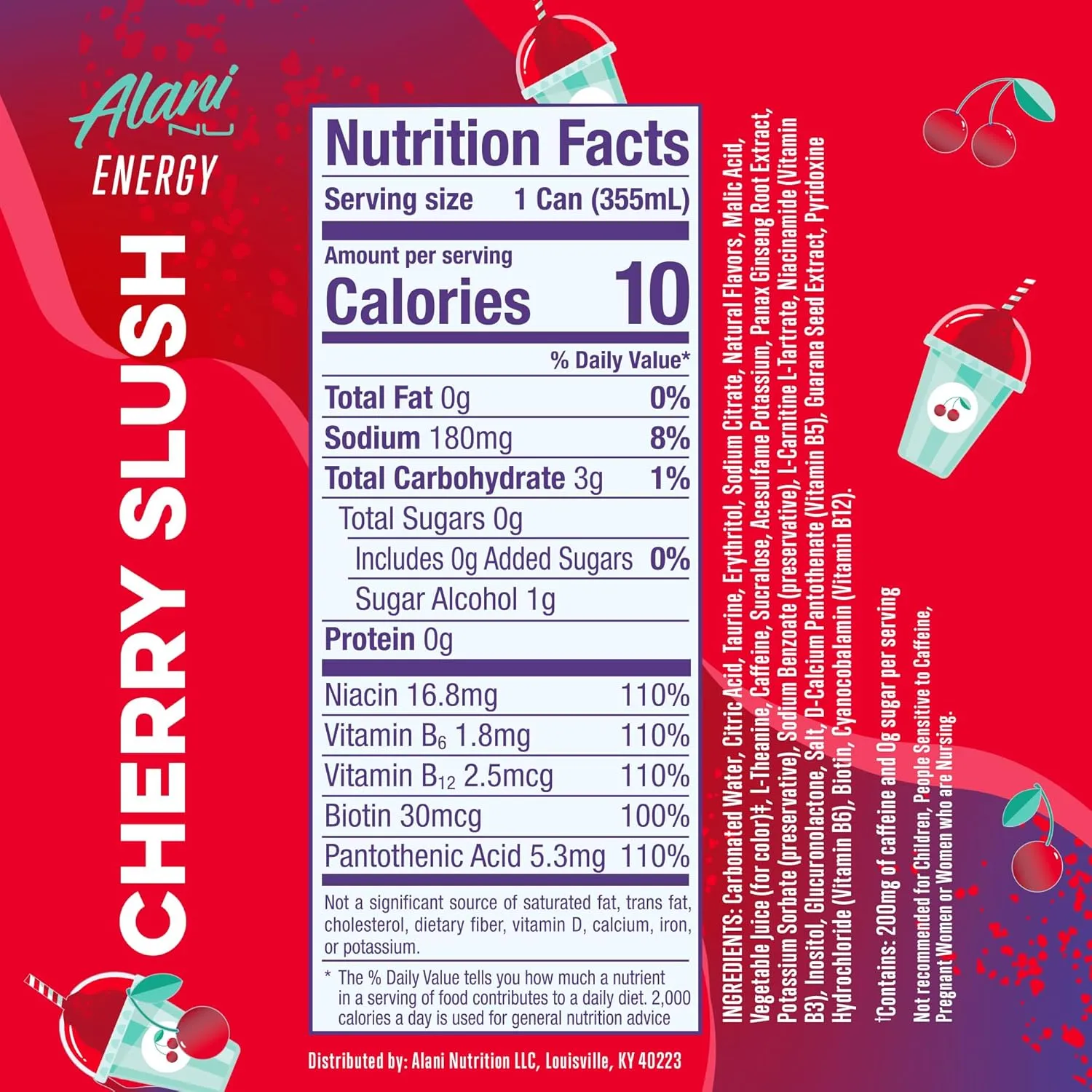 Alani Nu CHERRY SLUSH Sugar Free, Low Calorie Energy Drinks, 200mg Caffeine, Biotin B Vitamins, Zero Sugar, 10 Calories, 12 Fl Oz Cans, 12 Pack