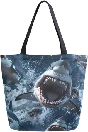 ALAZA Fierce Sharks Charging Towards The Camera Canvas Tote Bag for Women Travel Work Shopping Grocery Top Handle Purses Large Totes Reusable Handbags Cotton Shoulder Bags