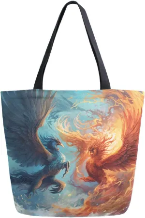ALAZA Fire Water Phoenix Fight Canvas Tote Bag for Women Travel Work Shopping Grocery Top Handle Purses Large Totes Reusable Handbags Cotton Shoulder Bags
