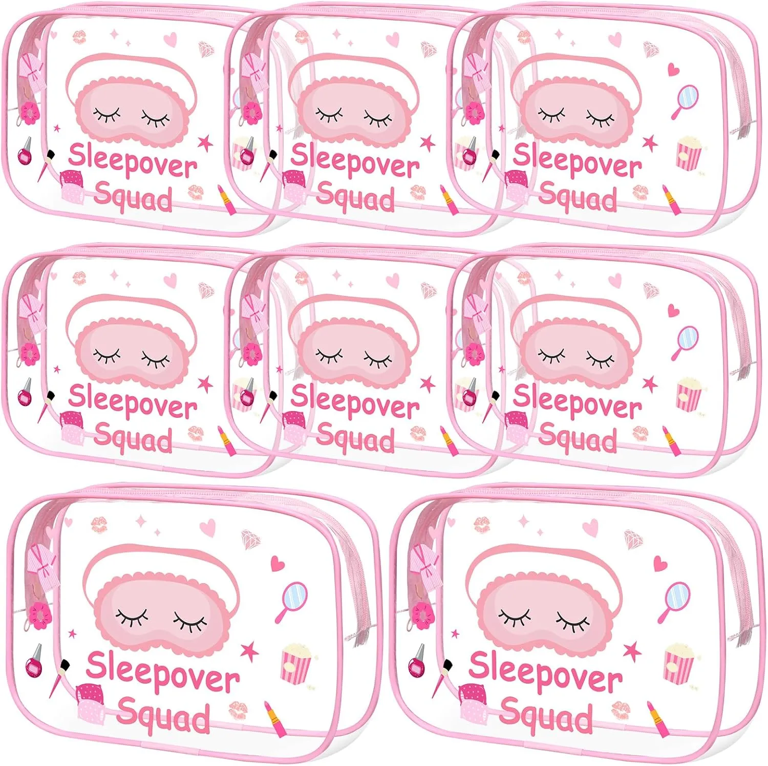 Aliceset 8 Pcs Sleepover Party Supplies Pink Makeup Bag Sleepover Spa Squad Cosmetic Bag Slumber Party Favors Waterproof Toiletry Pouches Girls Night Decorations