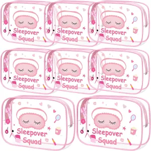 Aliceset 8 Pcs Sleepover Party Supplies Pink Makeup Bag Sleepover Spa Squad Cosmetic Bag Slumber Party Favors Waterproof Toiletry Pouches Girls Night Decorations
