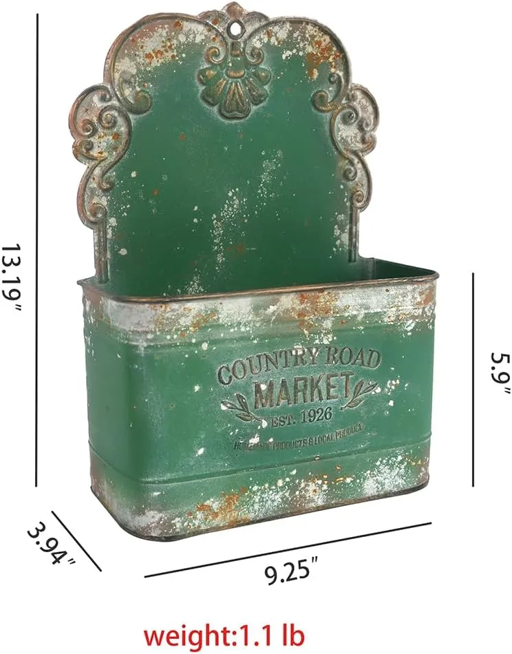 All Chic Metal Wall Planter - Outdoor Hanging Rustic Mount for Farmhouse Garden Decor (Green)