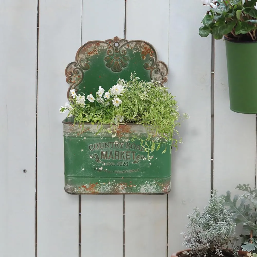 All Chic Metal Wall Planter - Outdoor Hanging Rustic Mount for Farmhouse Garden Decor (Green)