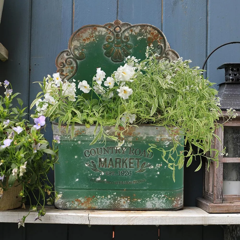 All Chic Metal Wall Planter - Outdoor Hanging Rustic Mount for Farmhouse Garden Decor (Green)