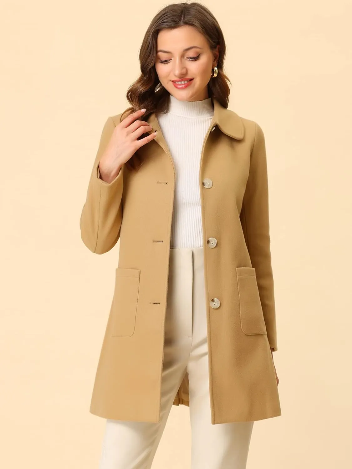Allegra K Women's Winter Single Breasted Peter Pan Collar Outwear Trench Coat