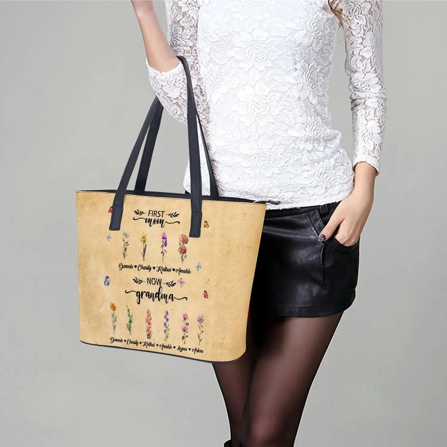 Amabery Personalized Grandma's Garden Birth Month Flowers Shoulder Bag Custom Mother's Day PU Leather Bag For Grandma Mom