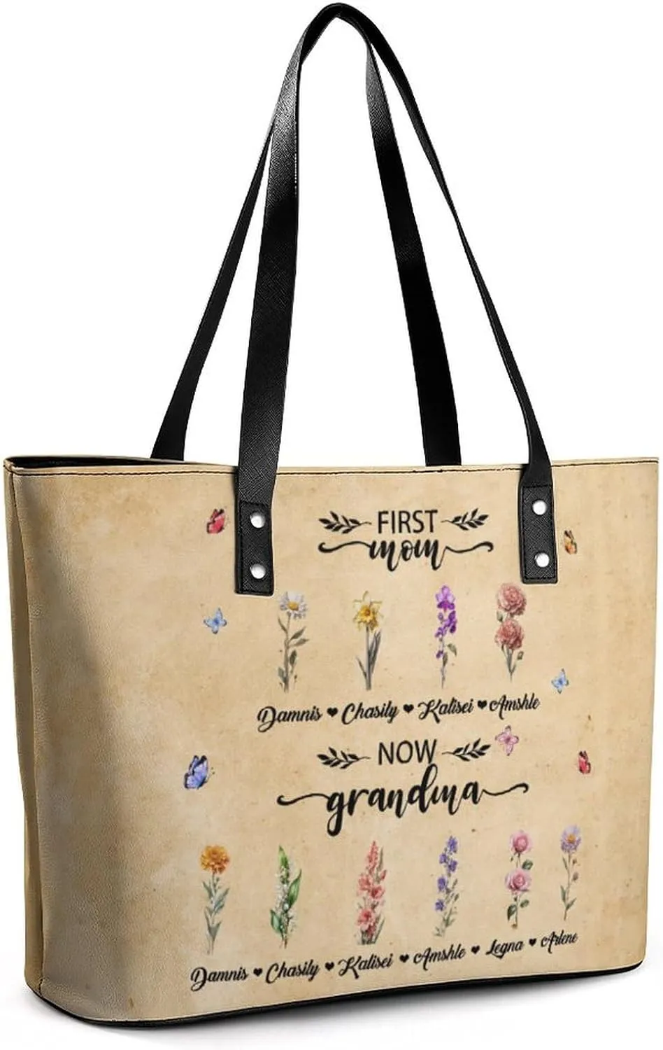 Amabery Personalized Grandma's Garden Birth Month Flowers Shoulder Bag Custom Mother's Day PU Leather Bag For Grandma Mom