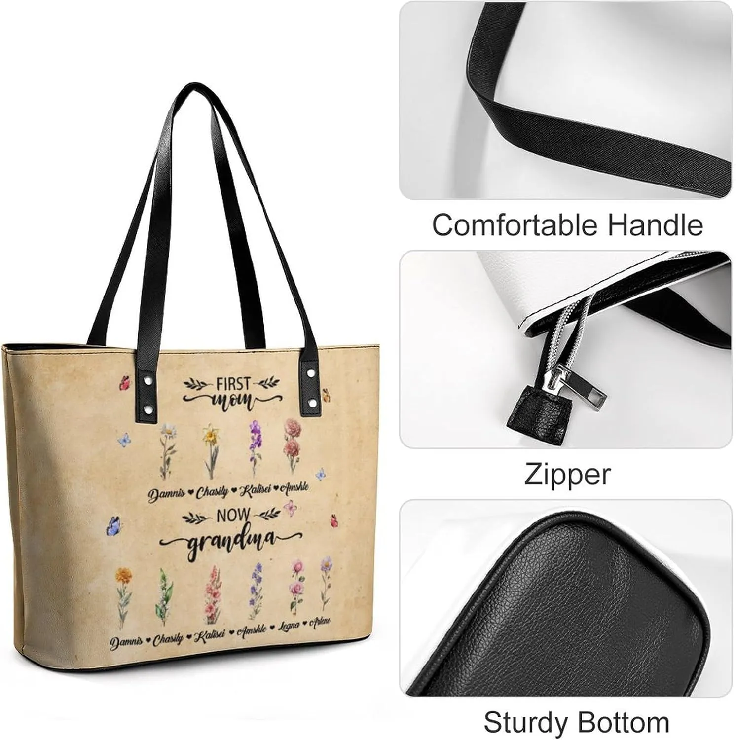Amabery Personalized Grandma's Garden Birth Month Flowers Shoulder Bag Custom Mother's Day PU Leather Bag For Grandma Mom