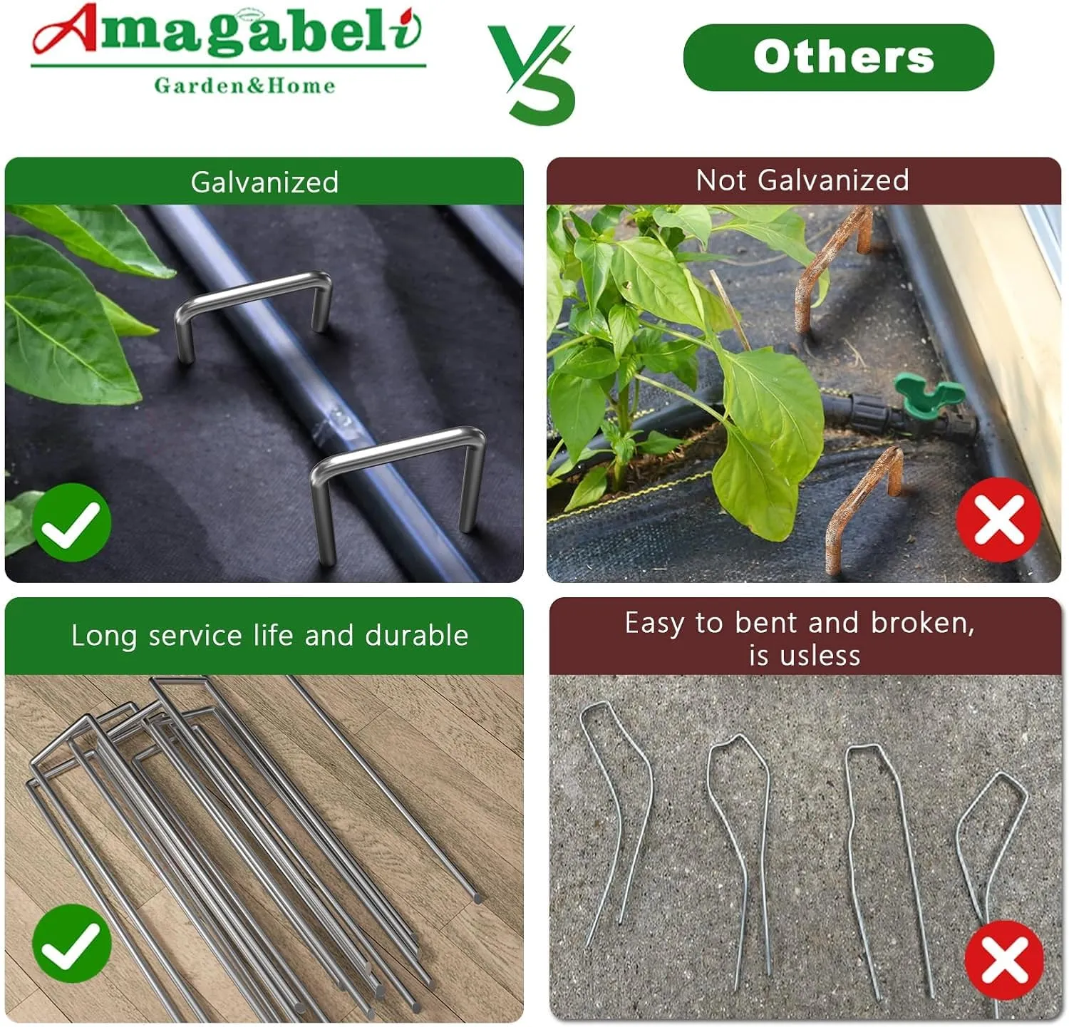 AMAGABELI GARDEN & HOME 500 Pack Galvanized Landscape Staples 6 Inch 11 Gauge Garden Staples Garden Stakes Plant Cover Stakes U-Shaped Landscape Stakes Landscape Pins for Weed Barrier Fabric