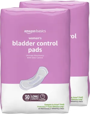 Amazon Basics Incontinence Pads for Women Long, Bladder Control, Postpartum, Ultimate Absorbency, Unscented, 60 Count (2 Packs of 30)