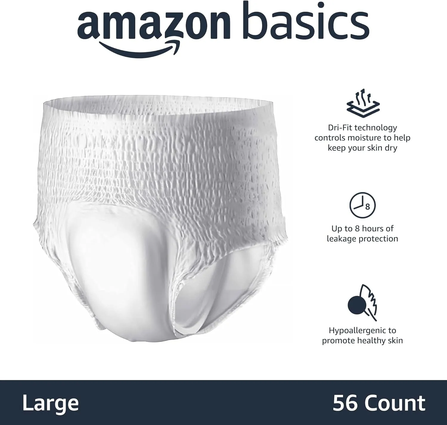 Amazon Basics Unisex Protective Underwear, Overnight Absorbency, Large, 56 Count, (4 Packs of 14)