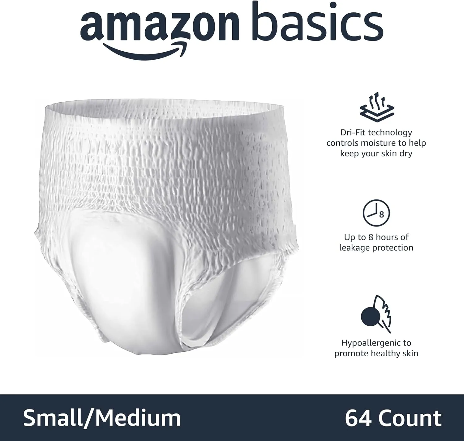 Amazon Basics Unisex Protective Underwear, Overnight Absorbency, Small/Medium, 64 Count, (4 Packs of 16)