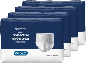 Amazon Basics Unisex Protective Underwear, Overnight Absorbency, Small/Medium, 64 Count, (4 Packs of 16)