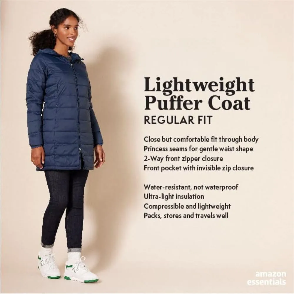 Amazon Essentials Women's Lightweight Water-Resistant Packable Hooded Puffer Coat (Available in Plus Size)