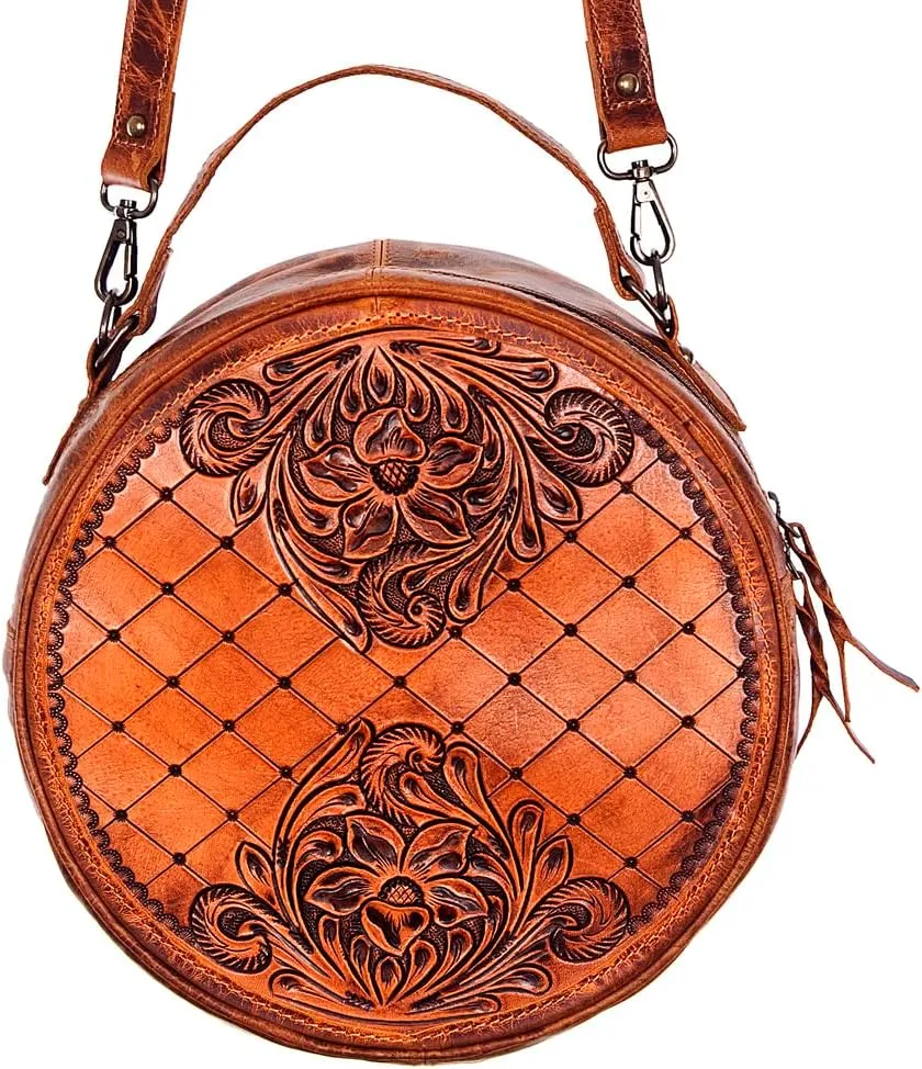 American Darling ADBG498A Canteen Hand Tooled Genuine Leather Women Bag Western Handbag Purse