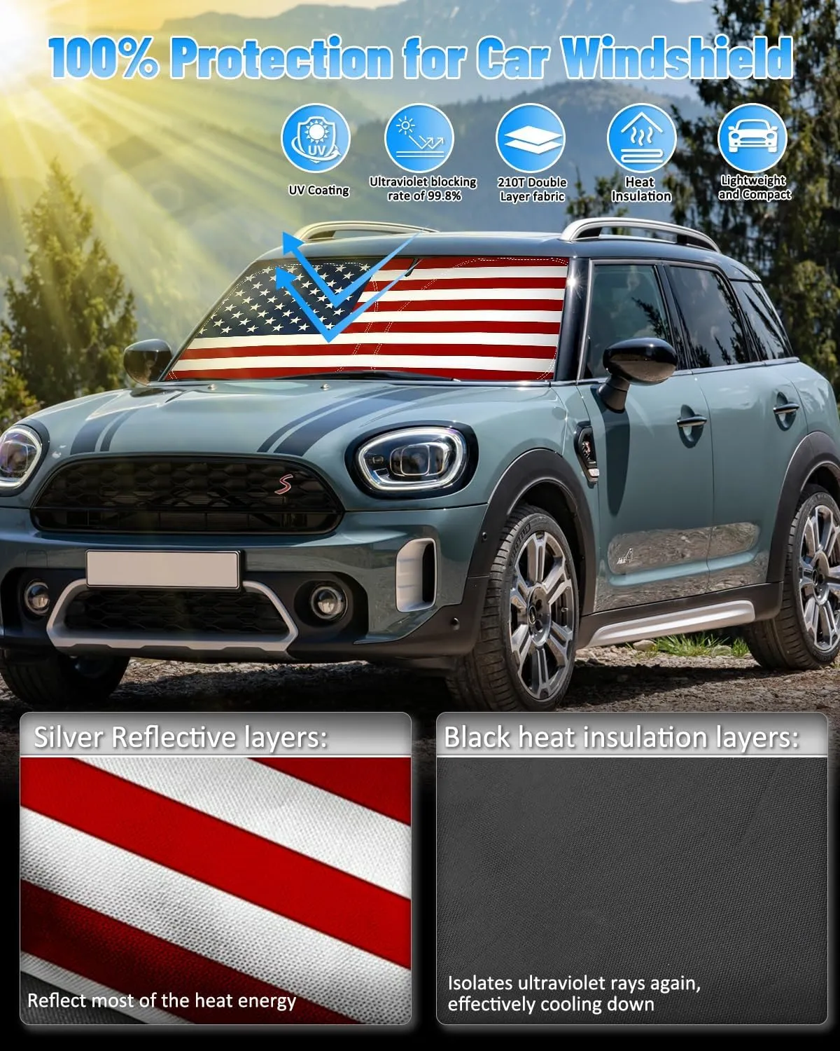 American Flag Car Windshield Sun Shade Compatible with BMW MINI Cooper F55 2014-2024 2025 - Foldable Reflective USA Patriotic Window Sunshade for UV Protection & Heat Reduction
