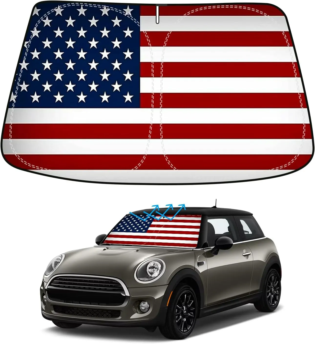 American Flag Car Windshield Sun Shade Compatible with BMW MINI Cooper F55 2014-2024 2025 - Foldable Reflective USA Patriotic Window Sunshade for UV Protection & Heat Reduction
