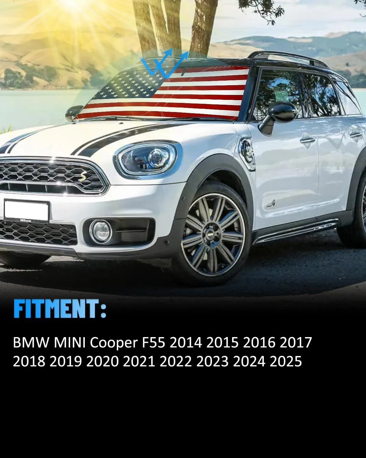 American Flag Car Windshield Sun Shade Compatible with BMW MINI Cooper F55 2014-2024 2025 - Foldable Reflective USA Patriotic Window Sunshade for UV Protection & Heat Reduction