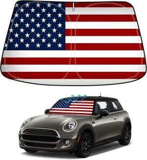 American Flag Car Windshield Sun Shade Compatible with BMW MINI Cooper F55 2014-2024 2025 - Foldable Reflective USA Patriotic Window Sunshade for UV Protection & Heat Reduction