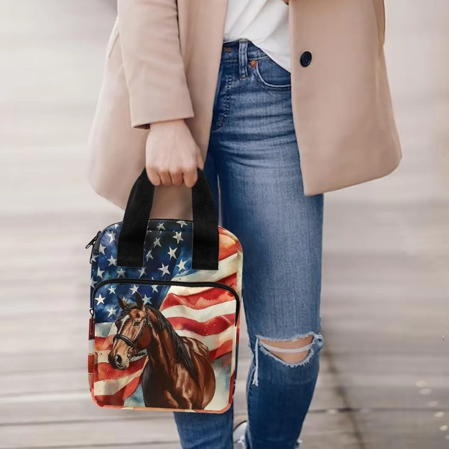 American Flag Horse Bible Covers for Women, Lightweight Bible Case with Top Handle, Waterproof Large Bible Cover Case, Classic Womens Tote Bible Bag for Travel