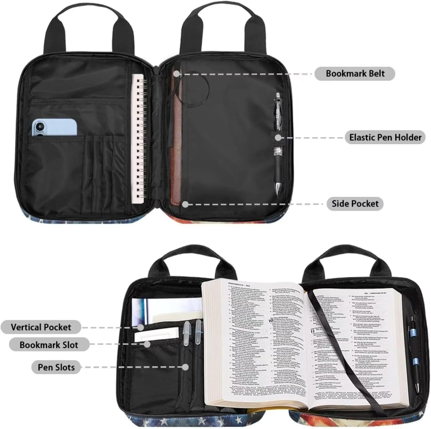 American Flag Horse Bible Covers for Women, Lightweight Bible Case with Top Handle, Waterproof Large Bible Cover Case, Classic Womens Tote Bible Bag for Travel