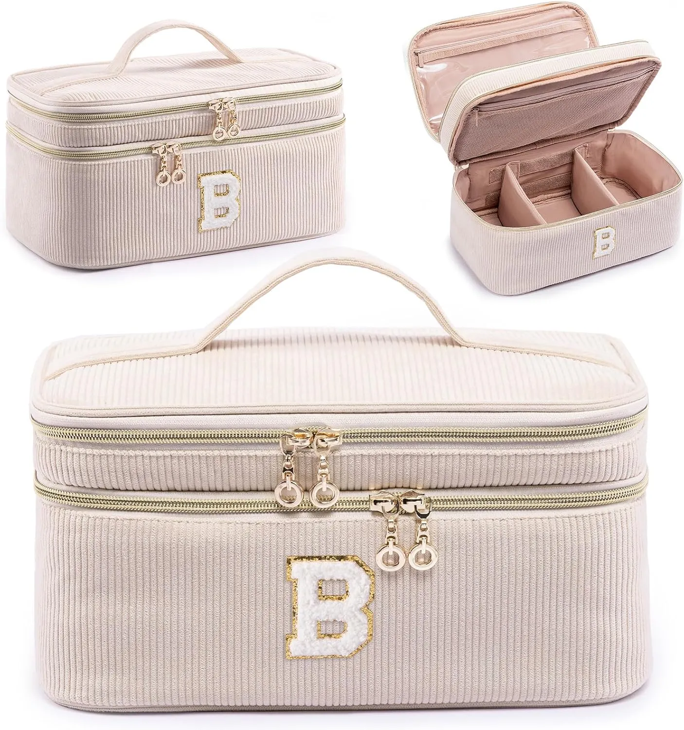 AMOIGEE Initial Makeup Bag Organizer,Personalized Double Layer Train Case, Travel Toiletry Bag for Makeup Brushes for Teens Girl, Skincare Gift Set, Initial Cute Cosmetic Make Up Bag for Women
