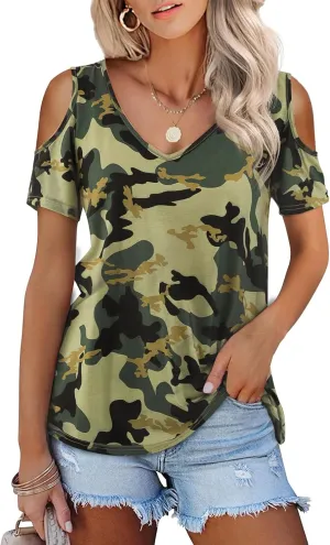 Amoretu Womens Short Sleeve Cold Shoulder Basic Tee Tops Shirts