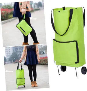 Amosfun 1Pc Collapsible Folding Shopping Cart Bag Portable Oxford Cloth Grocery Tote with Pulling Wheel for Supermarket and Travel Green