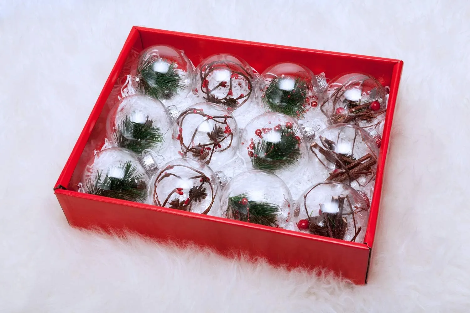 AMS 3.14''/12ct Christmas Ball Ornaments Shatterproof Clear Plastic Decorative Xmas Balls Baubles Set with Stuffed Delicate Decoration for Wedding,Thanksgiving,Party(80mm)