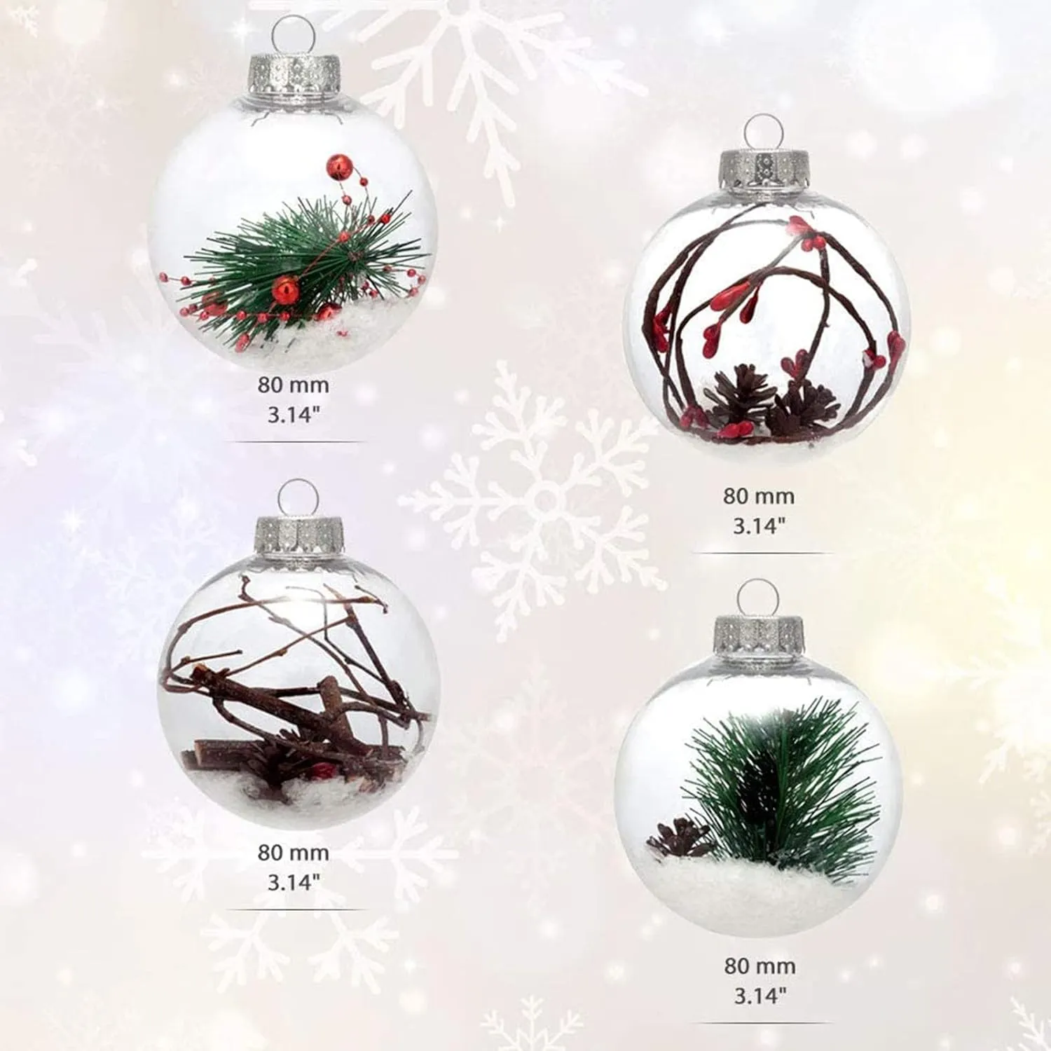 AMS 3.14''/12ct Christmas Ball Ornaments Shatterproof Clear Plastic Decorative Xmas Balls Baubles Set with Stuffed Delicate Decoration for Wedding,Thanksgiving,Party(80mm)