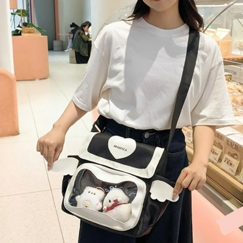 Angel Cat Ita Bag Single Shoulder Bag Crossbody Bag with Accessories 2 Doll Nylon Academy Handbag Anime JK Uniform Bag (Black)